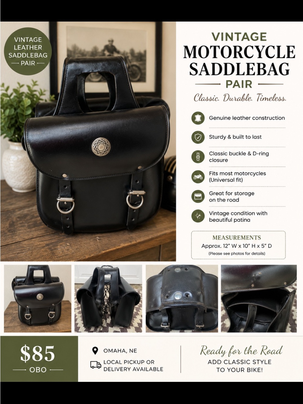 Black Vintage Leather Motorcycle Saddlebag Pair - Classic Men's Travel Bags